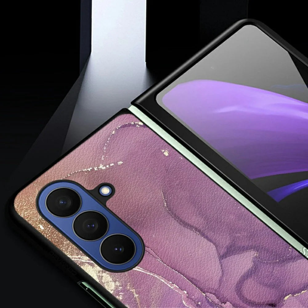 For Samsung Galaxy Z Fold7 5G Case Marble Texture PU Leather Coated PC Foldable Phone Cover - Noble Purple Marble - 4