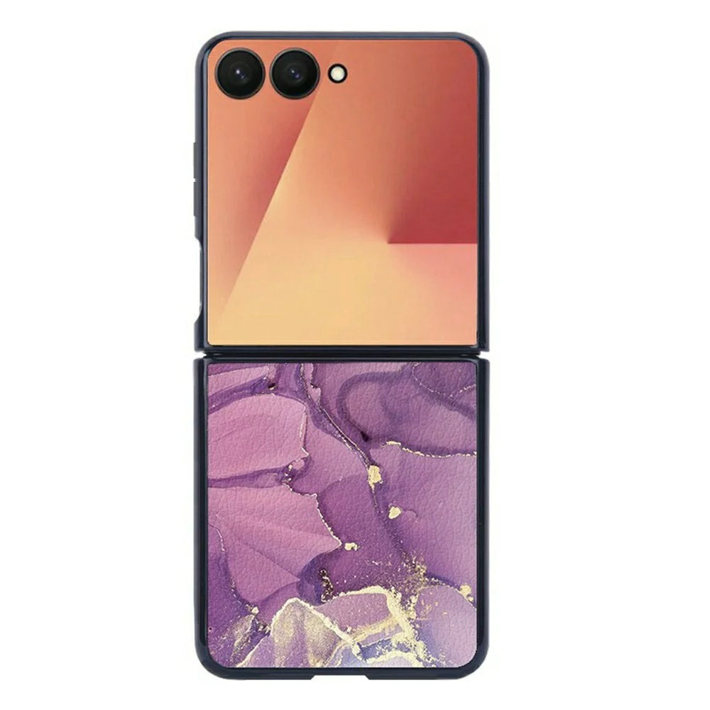 For Samsung Galaxy Z Flip7 5G Case Marble Texture PU Leather Coated PC Foldable Phone Cover - Noble Purple Marble - 1