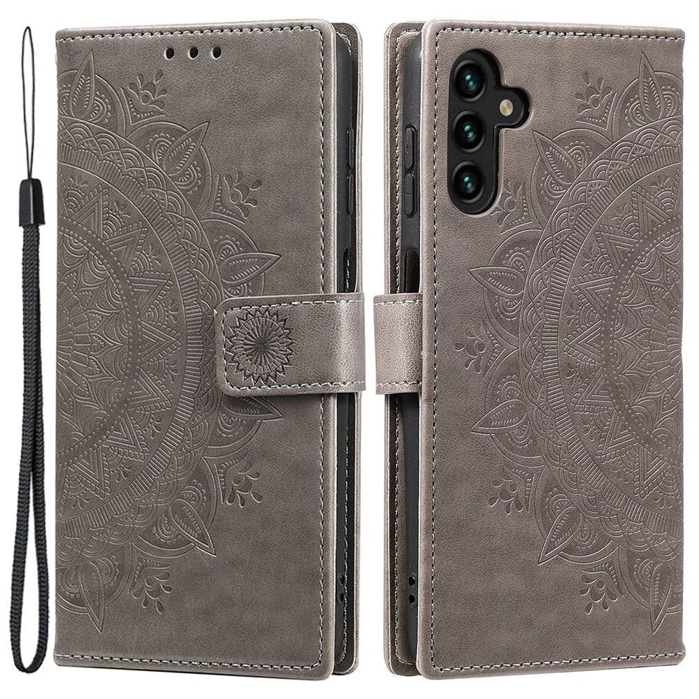 For Samsung Galaxy A54 5G Imprinted Mandala Flower Wallet Case PU Leather Magnetic Flip Stand Phone Cover with Strap - Grey - 1