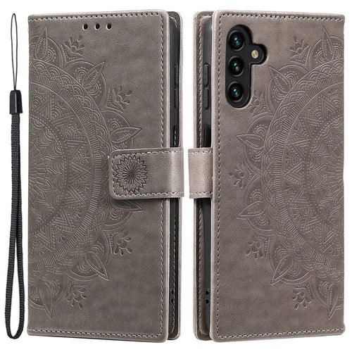 For Samsung Galaxy A54 5G Imprinted Mandala Flower Wallet Case PU Leather Magnetic Flip Stand Phone Cover with Strap - Grey - 1