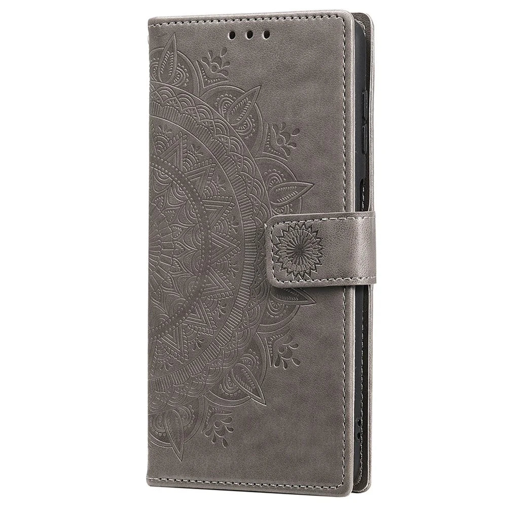 For Samsung Galaxy A54 5G Imprinted Mandala Flower Wallet Case PU Leather Magnetic Flip Stand Phone Cover with Strap - Grey - 4