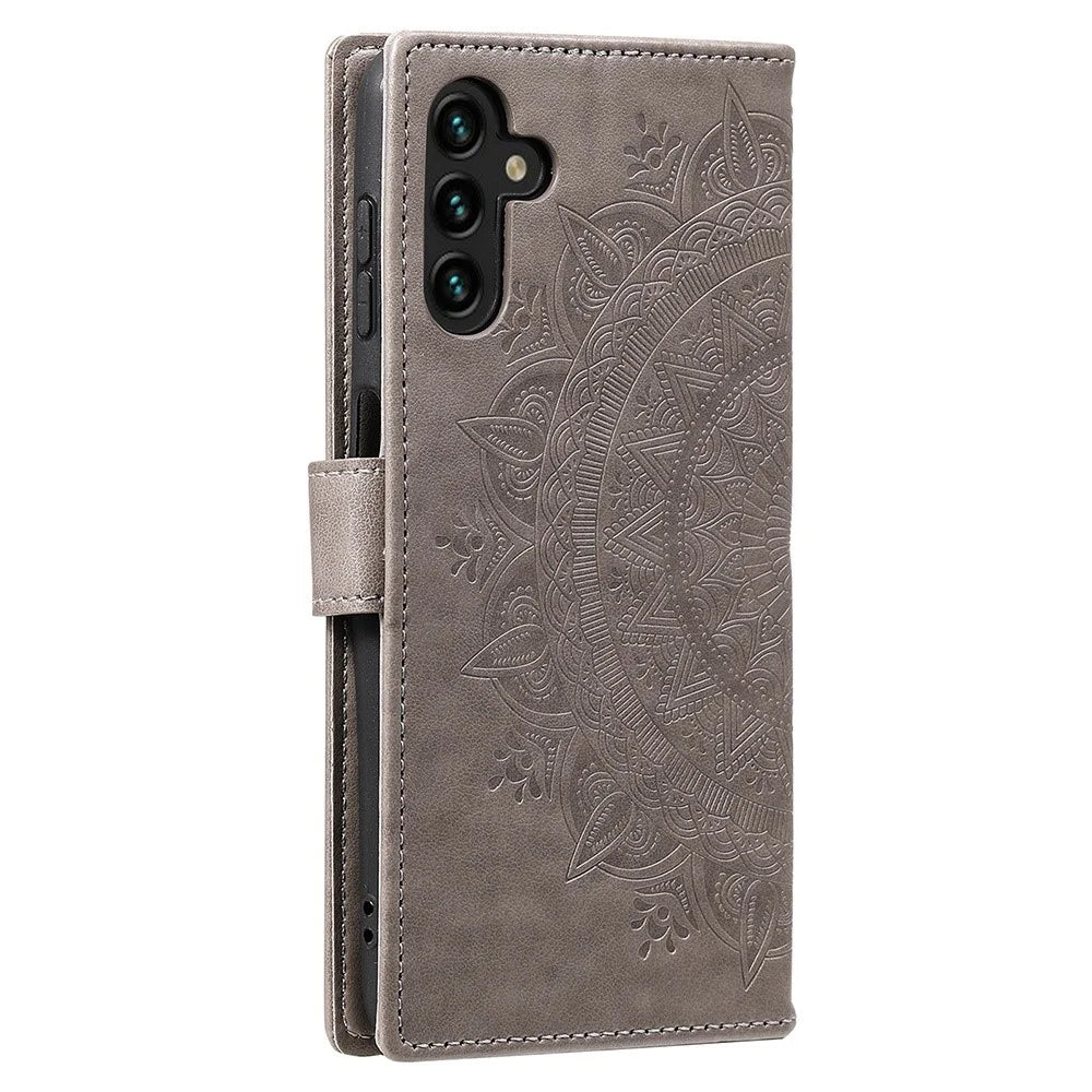 For Samsung Galaxy A54 5G Imprinted Mandala Flower Wallet Case PU Leather Magnetic Flip Stand Phone Cover with Strap - Grey - 5