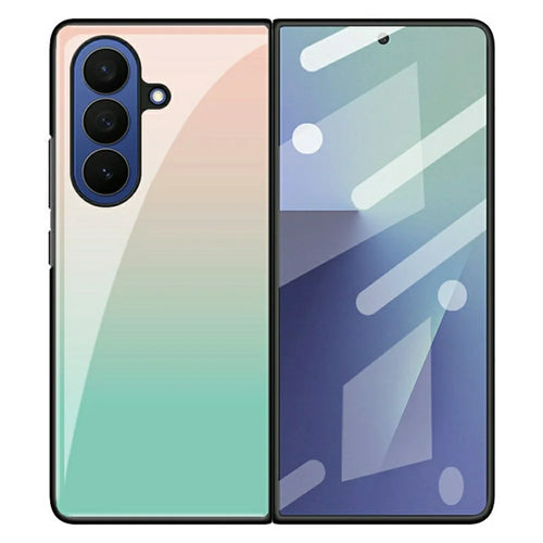 For Samsung Galaxy Z Fold7 5G Case Gradient Marble Pattern Tempered Glass + PC Hybrid Phone Cover - Orange  /  Green - 1