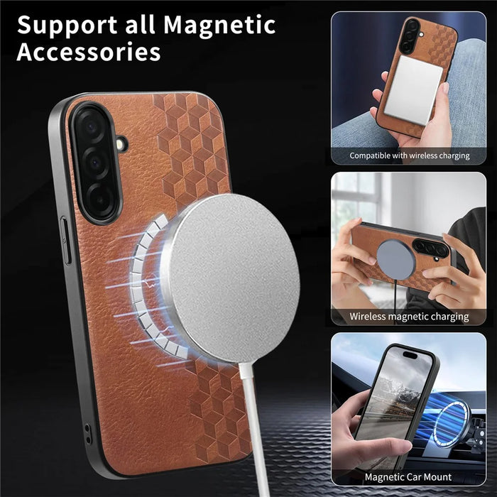 For Samsung Galaxy S26+ Magnetic Phone Case with Grid Pattern Protective PU Leather + PC Cover - Brown - 6