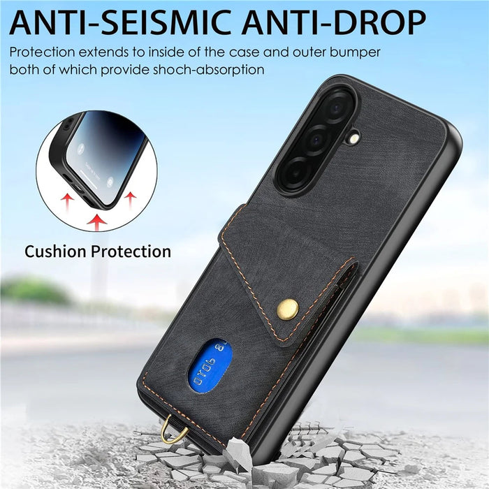 For Samsung Galaxy S26 Case with Card Holder Kickstand Leather Phone Back Cover - Black - 5