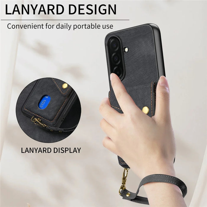 For Samsung Galaxy S26 Case with Card Holder Kickstand Leather Phone Back Cover - Black - 7