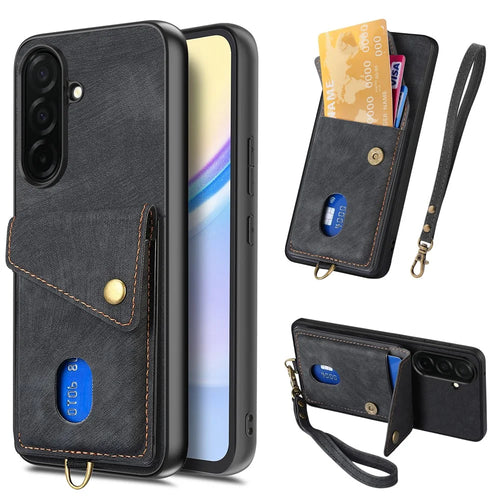 For Samsung Galaxy S26+ Case with Card Holder Kickstand Leather Phone Back Cover - Black - 1