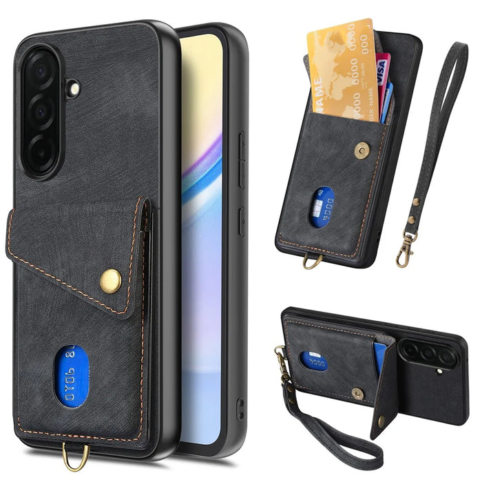 For Samsung Galaxy S26+ Case with Card Holder Kickstand Leather Phone Back Cover - Black - 1