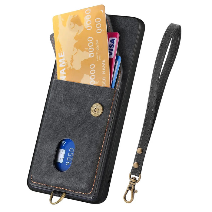 For Samsung Galaxy S26+ Case with Card Holder Kickstand Leather Phone Back Cover - Black - 2