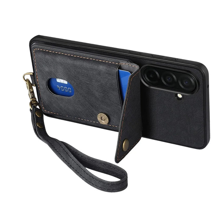 For Samsung Galaxy S26+ Case with Card Holder Kickstand Leather Phone Back Cover - Black - 3