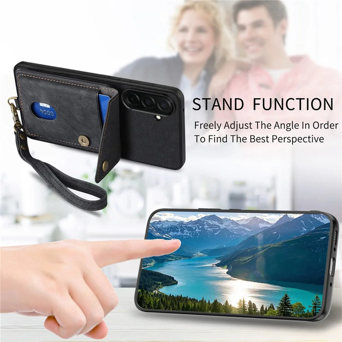 For Samsung Galaxy S26+ Case with Card Holder Kickstand Leather Phone Back Cover - Black - 6