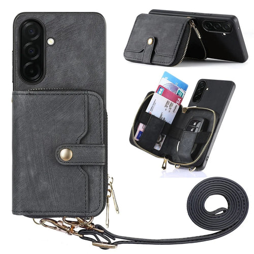 For Samsung Galaxy S26+ PU Leather Phone Back Cover with Zipper Card Holder and Long Strap - Black - 1
