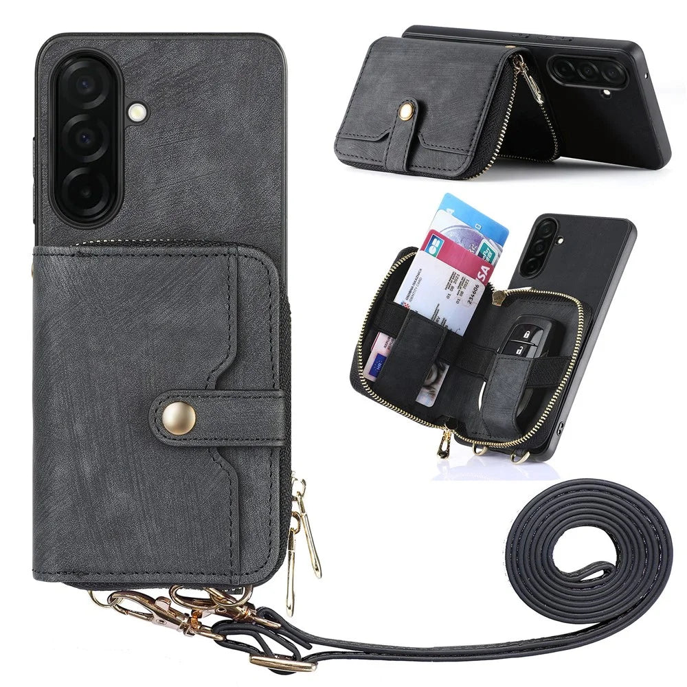 For Samsung Galaxy S26+ PU Leather Phone Back Cover with Zipper Card Holder and Long Strap - Black - 1