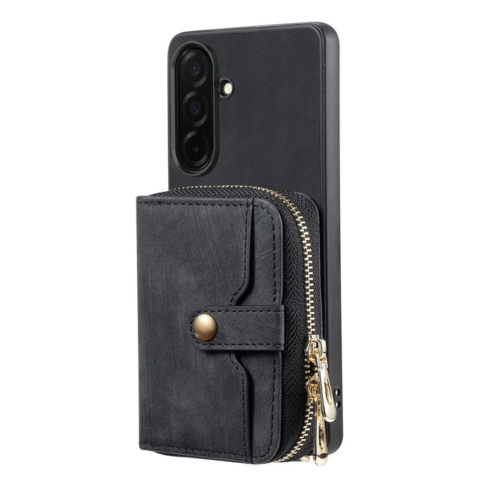 For Samsung Galaxy S26 PU Leather Phone Back Cover with Zipper Card Holder and Long Strap - Black - 3
