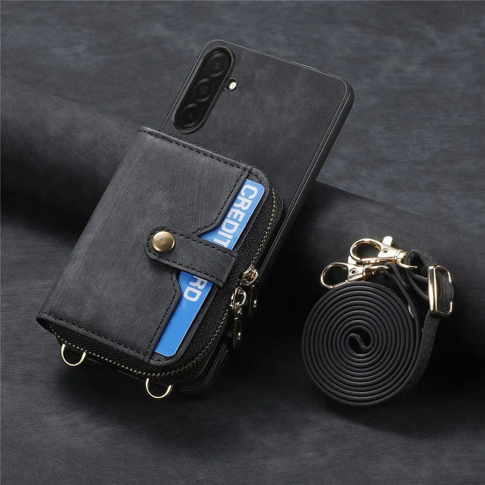 For Samsung Galaxy S26 PU Leather Phone Back Cover with Zipper Card Holder and Long Strap - Black - 5