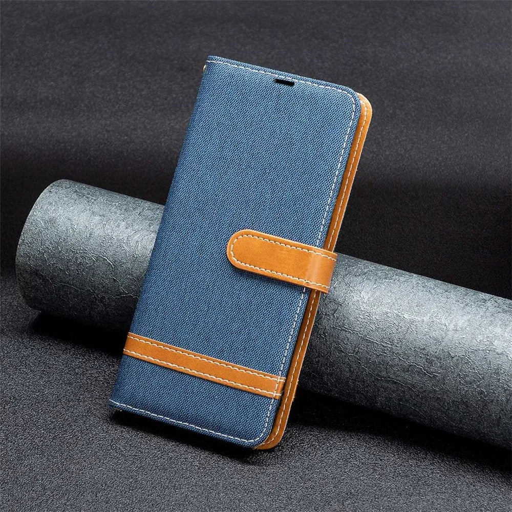For Samsung Galaxy A54 5G Case Jeans Cloth Texture Leather Wallet Mobile Cover with Stand - Navy Blue - 4