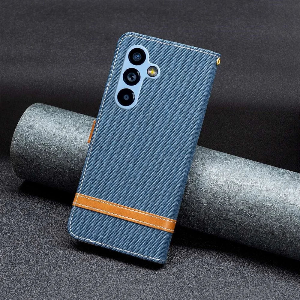 For Samsung Galaxy A54 5G Case Jeans Cloth Texture Leather Wallet Mobile Cover with Stand - Navy Blue - 5