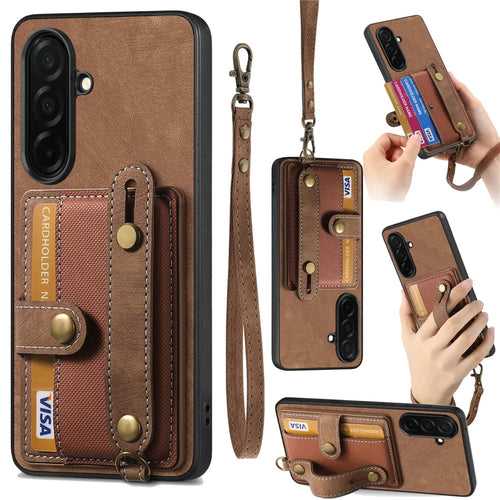For Samsung Galaxy S26 Case Wristband Kickstand PU Leather Retro Back Cover Card Holder - Brown - 1
