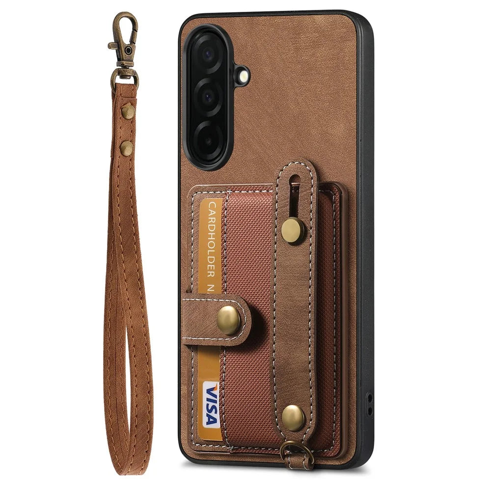 For Samsung Galaxy S26 Case Wristband Kickstand PU Leather Retro Back Cover Card Holder - Brown - 2