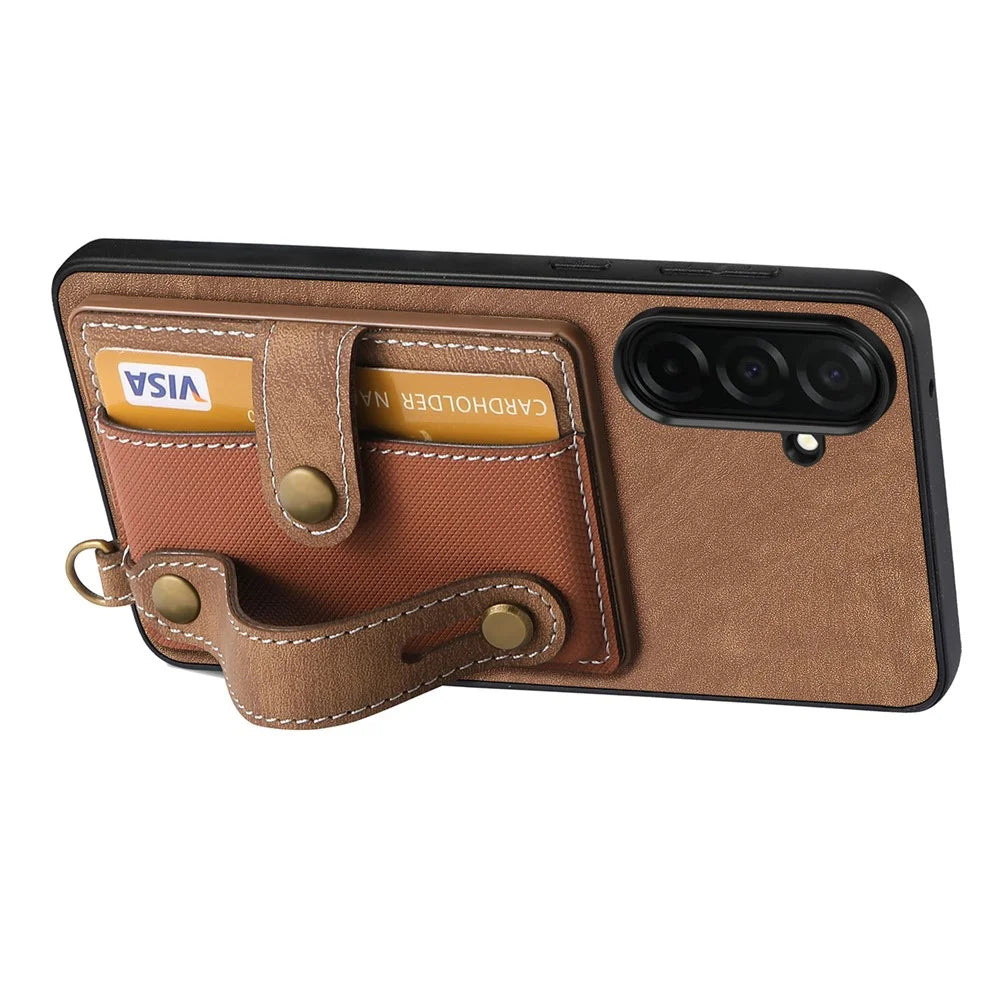 For Samsung Galaxy S26 Case Wristband Kickstand PU Leather Retro Back Cover Card Holder - Brown - 3