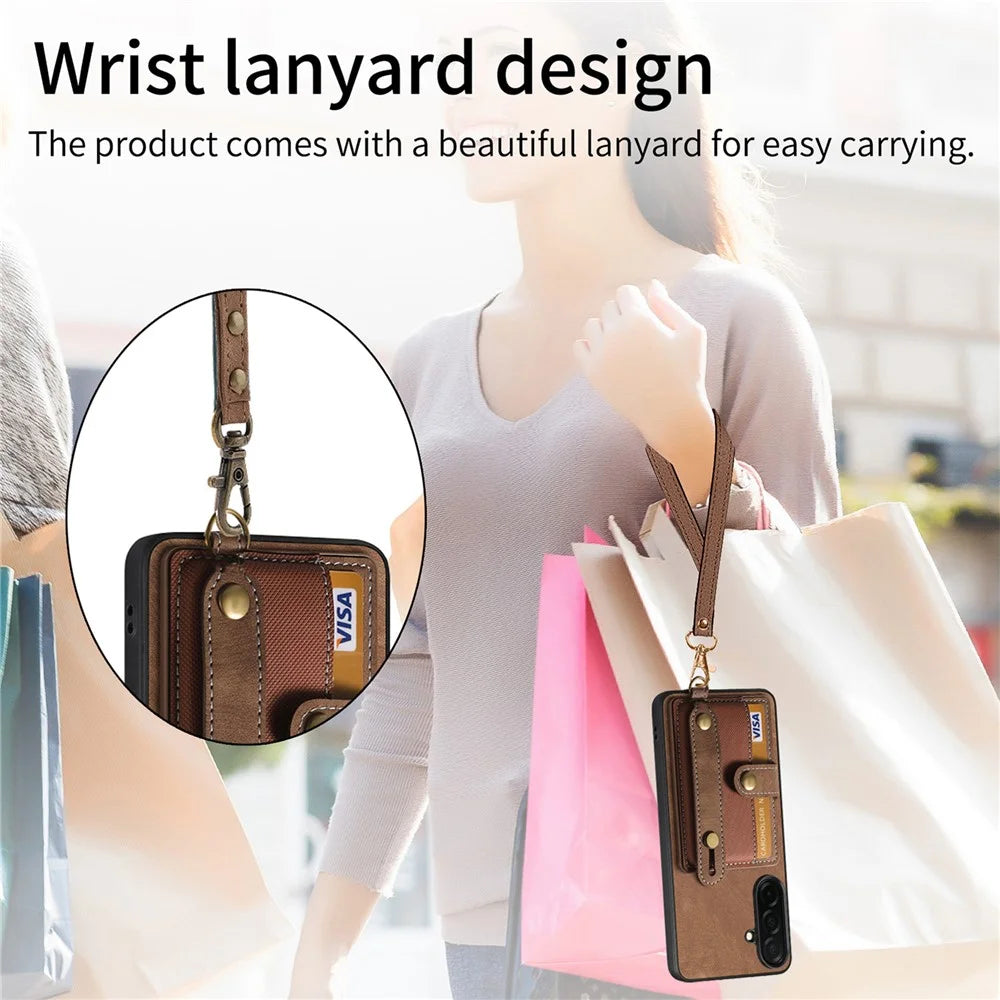 For Samsung Galaxy S26 Case Wristband Kickstand PU Leather Retro Back Cover Card Holder - Brown - 7