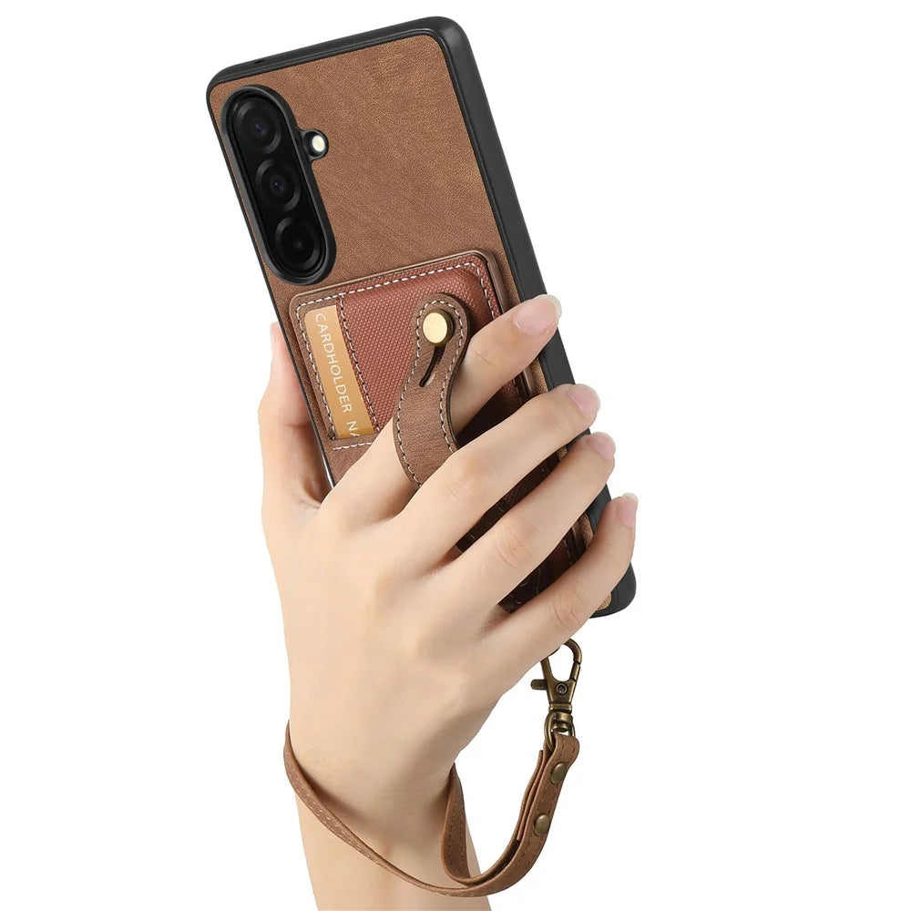 For Samsung Galaxy S26+ Case Wristband Kickstand PU Leather Retro Back Cover Card Holder - Brown - 4