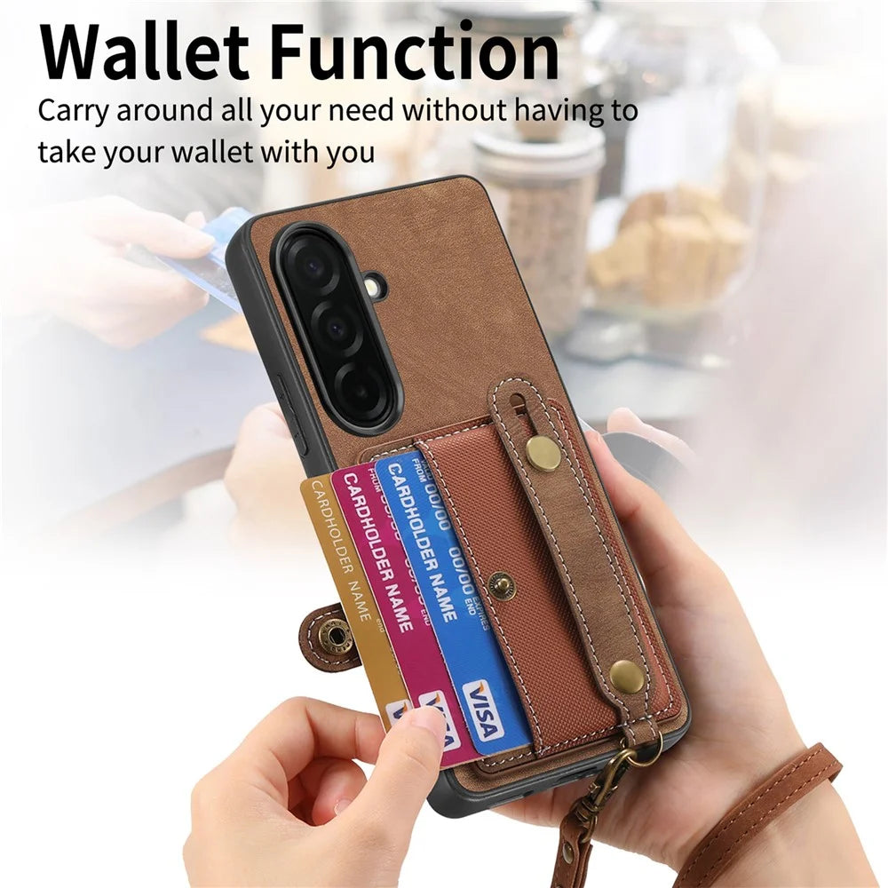 For Samsung Galaxy S26+ Case Wristband Kickstand PU Leather Retro Back Cover Card Holder - Brown - 5