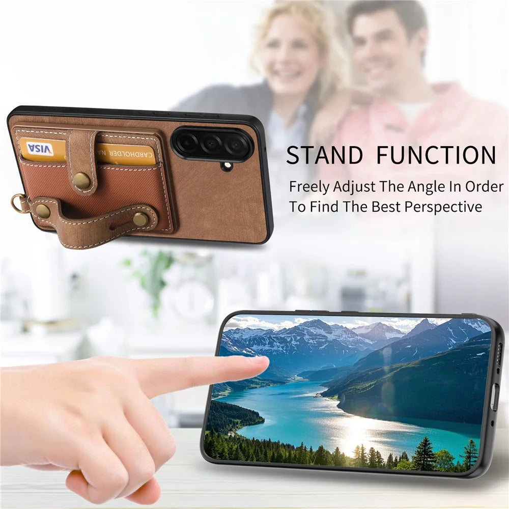 For Samsung Galaxy S26+ Case Wristband Kickstand PU Leather Retro Back Cover Card Holder - Brown - 6