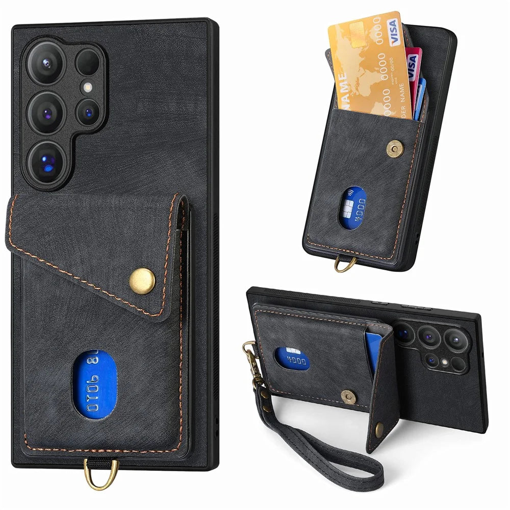 For Samsung Galaxy S26 Ultra Case with Card Holder Kickstand Leather Phone Back Cover - Black - 1