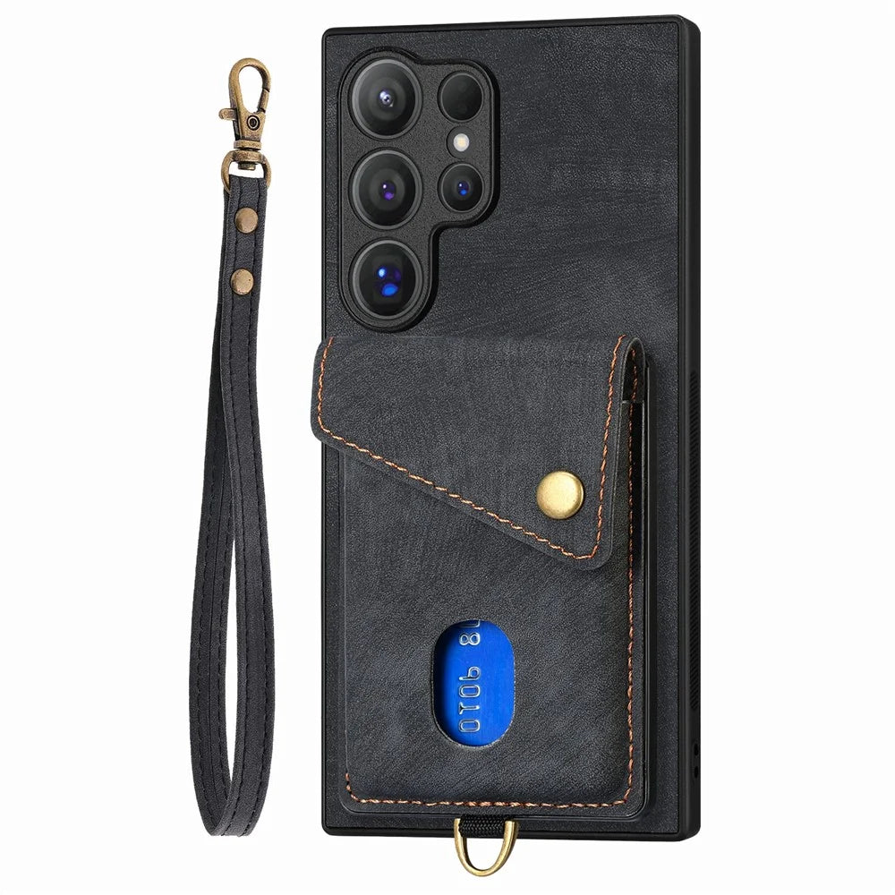 For Samsung Galaxy S26 Ultra Case with Card Holder Kickstand Leather Phone Back Cover - Black - 3