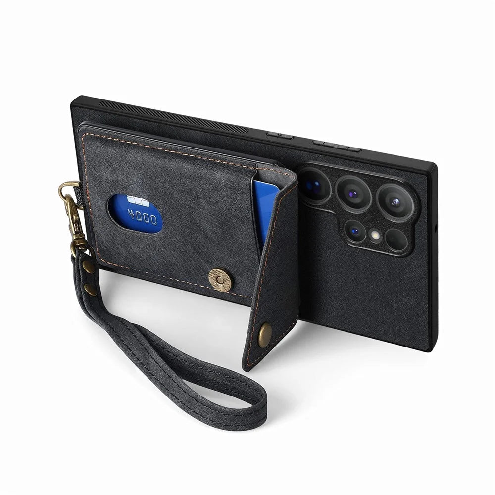 For Samsung Galaxy S26 Ultra Case with Card Holder Kickstand Leather Phone Back Cover - Black - 5