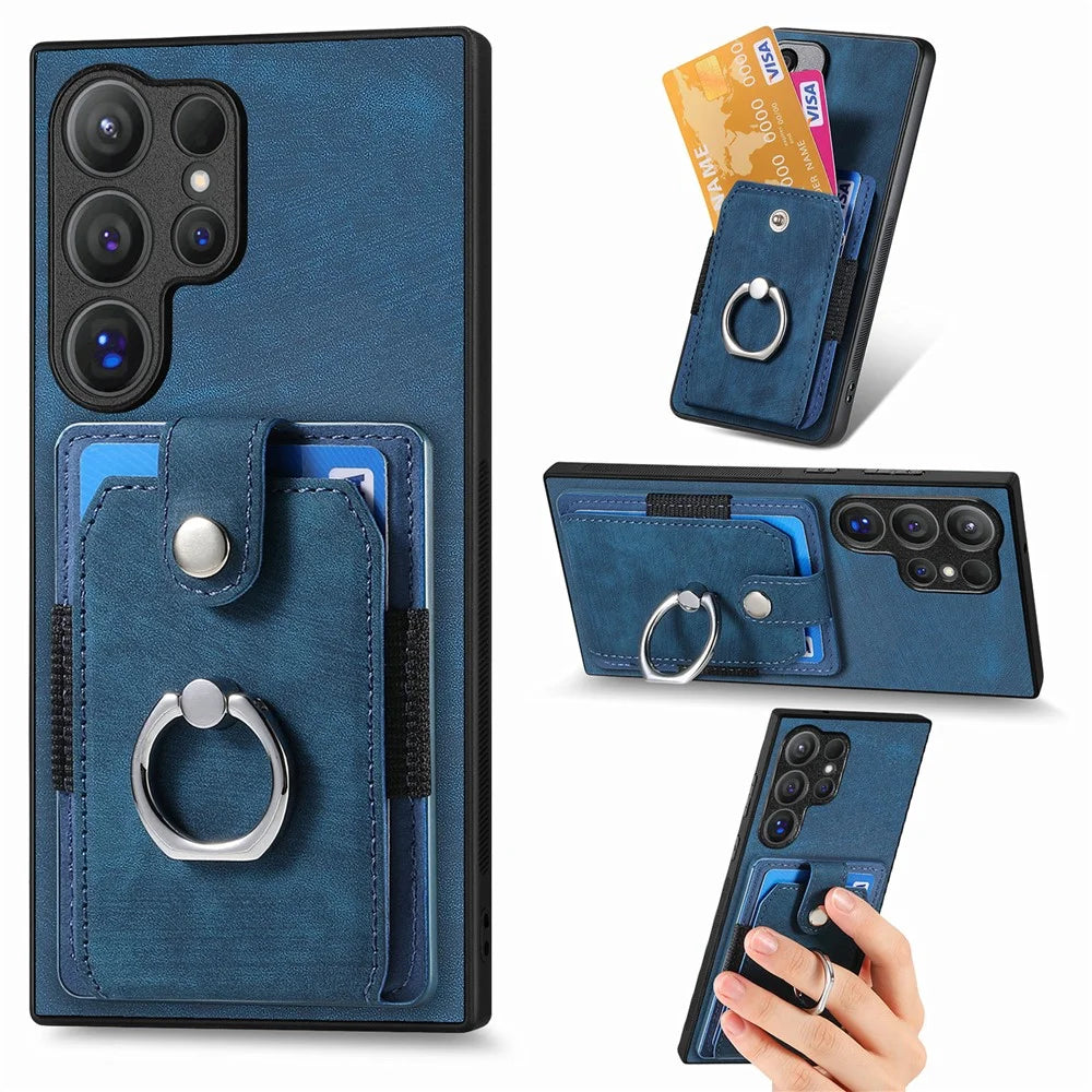 For Samsung Galaxy S26 Ultra Phone Case Leather Back Cover with Card Slots Kickstand - Blue - 1