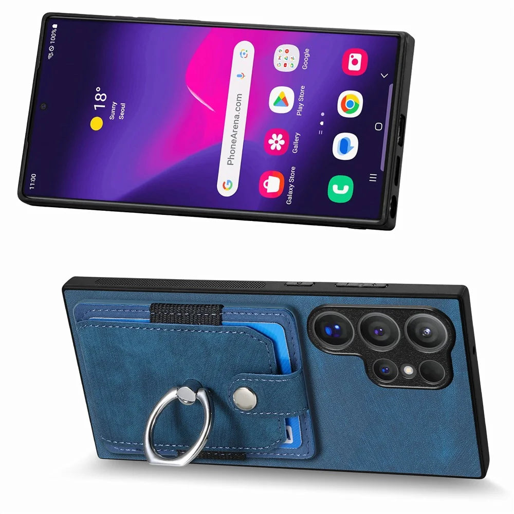For Samsung Galaxy S26 Ultra Phone Case Leather Back Cover with Card Slots Kickstand - Blue - 4