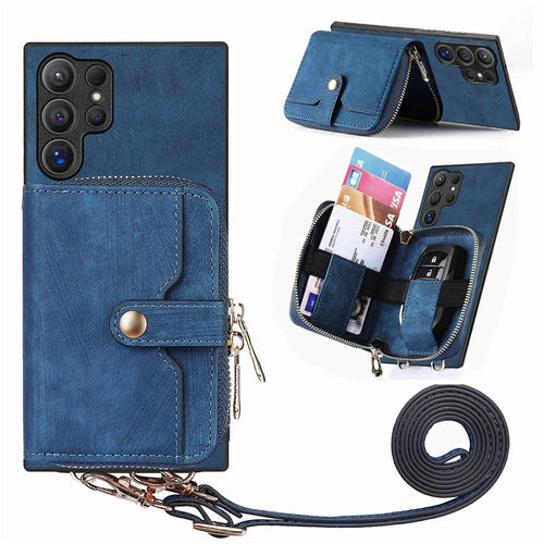 For Samsung Galaxy S26 Ultra PU Leather Phone Back Cover with Zipper Card Holder and Long Strap - Blue - 1