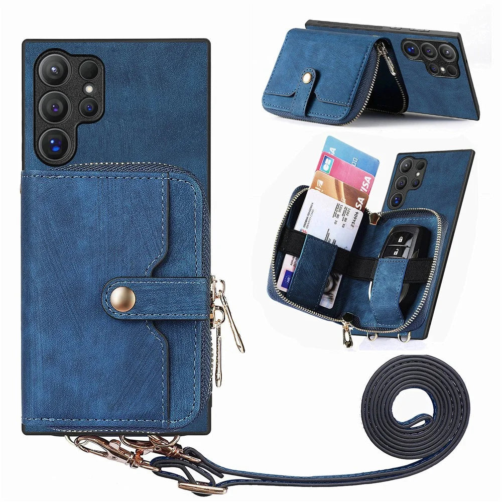 For Samsung Galaxy S26 Ultra PU Leather Phone Back Cover with Zipper Card Holder and Long Strap - Blue - 1