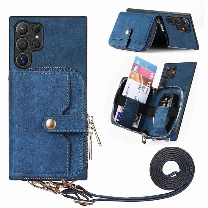 For Samsung Galaxy S26 Ultra PU Leather Phone Back Cover with Zipper Card Holder and Long Strap - Blue - 1