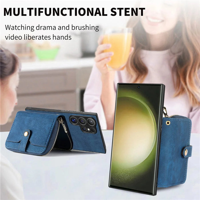 For Samsung Galaxy S26 Ultra PU Leather Phone Back Cover with Zipper Card Holder and Long Strap - Blue - 4