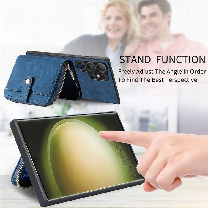 For Samsung Galaxy S26 Ultra PU Leather Phone Back Cover with Zipper Card Holder and Long Strap - Blue - 7