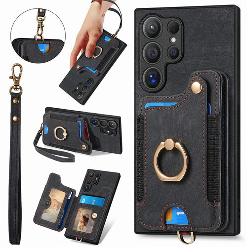 For Samsung Galaxy S26 Ultra Retro PU Leather Case Phone Cover with RFID Blocking Card Holder  /  Ring Holder - Black - 1
