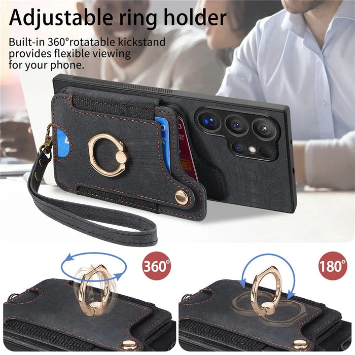 For Samsung Galaxy S26 Ultra Retro PU Leather Case Phone Cover with RFID Blocking Card Holder  /  Ring Holder - Black - 2