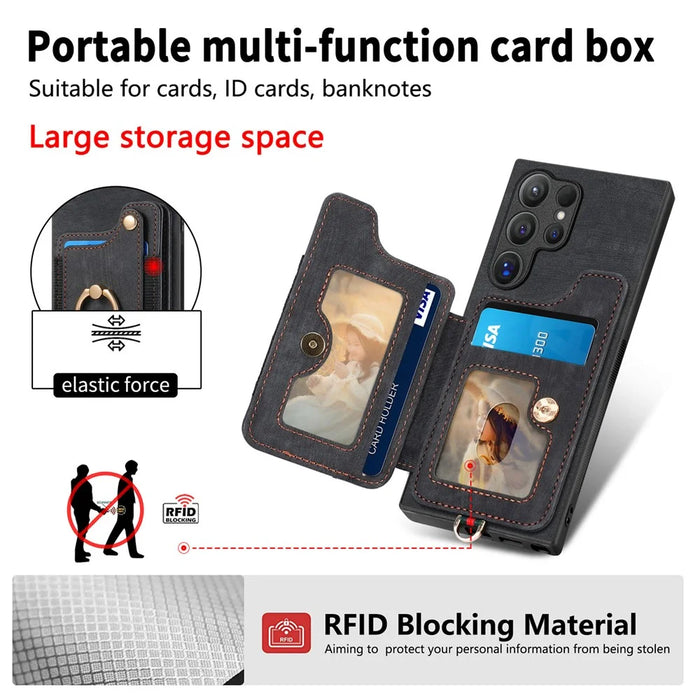 For Samsung Galaxy S26 Ultra Retro PU Leather Case Phone Cover with RFID Blocking Card Holder  /  Ring Holder - Black - 3
