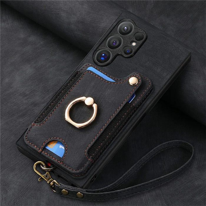 For Samsung Galaxy S26 Ultra Retro PU Leather Case Phone Cover with RFID Blocking Card Holder  /  Ring Holder - Black - 5