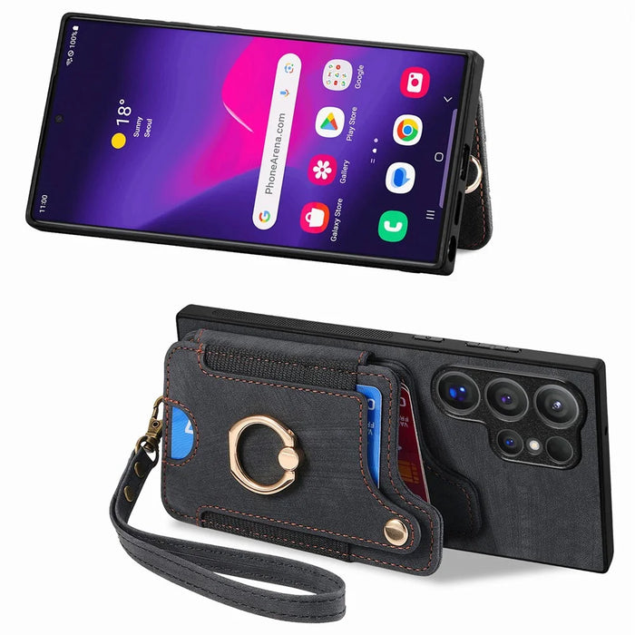 For Samsung Galaxy S26 Ultra Retro PU Leather Case Phone Cover with RFID Blocking Card Holder  /  Ring Holder - Black - 6
