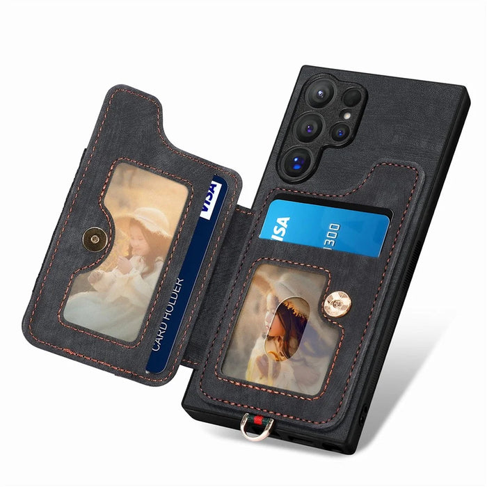 For Samsung Galaxy S26 Ultra Retro PU Leather Case Phone Cover with RFID Blocking Card Holder  /  Ring Holder - Black - 7