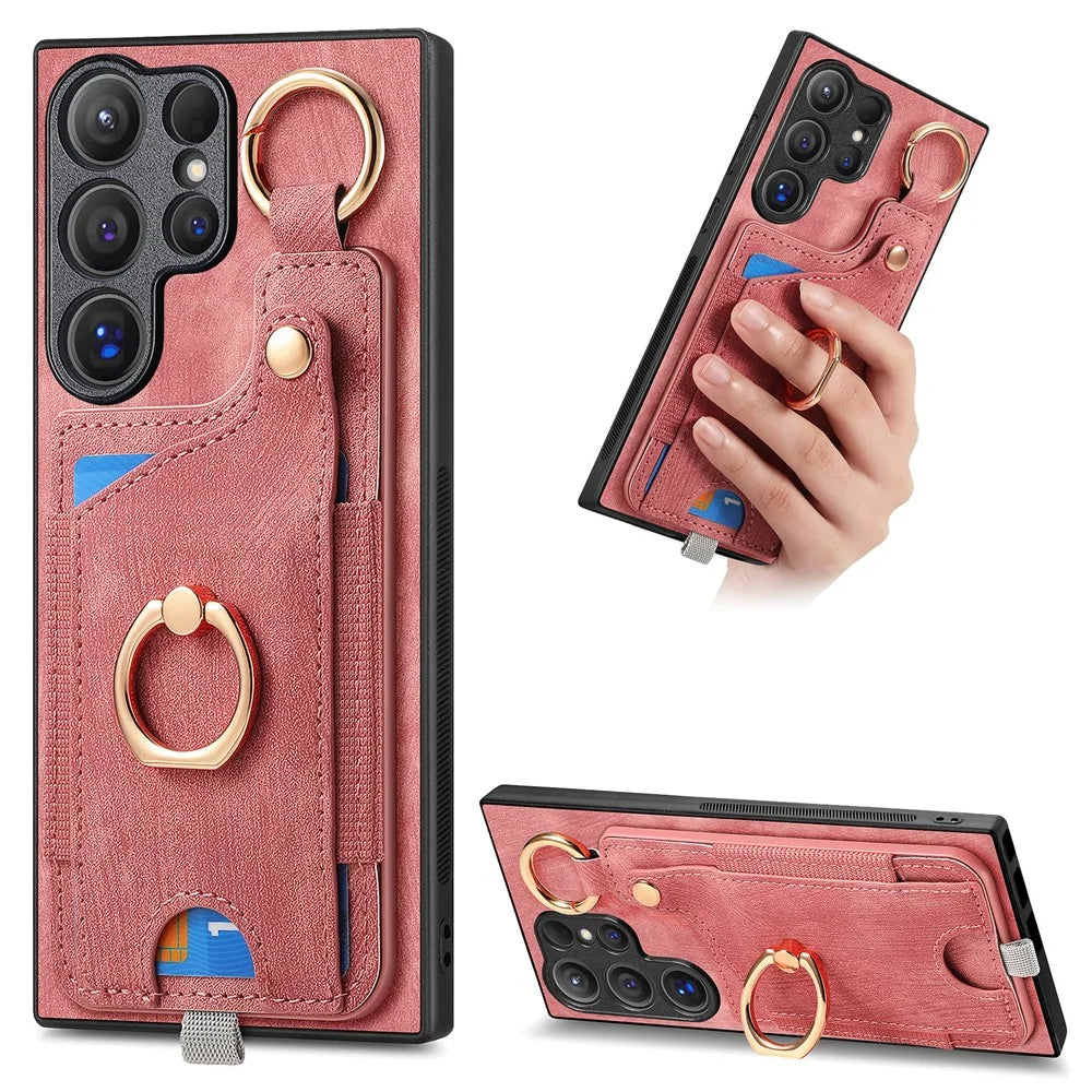 For Samsung Galaxy S26 Ultra Retro Leather Phone Back Cover with Card Slots and Ring Holder - Pink - 1