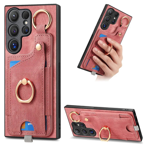 For Samsung Galaxy S26 Ultra Retro Leather Phone Back Cover with Card Slots and Ring Holder - Pink - 1