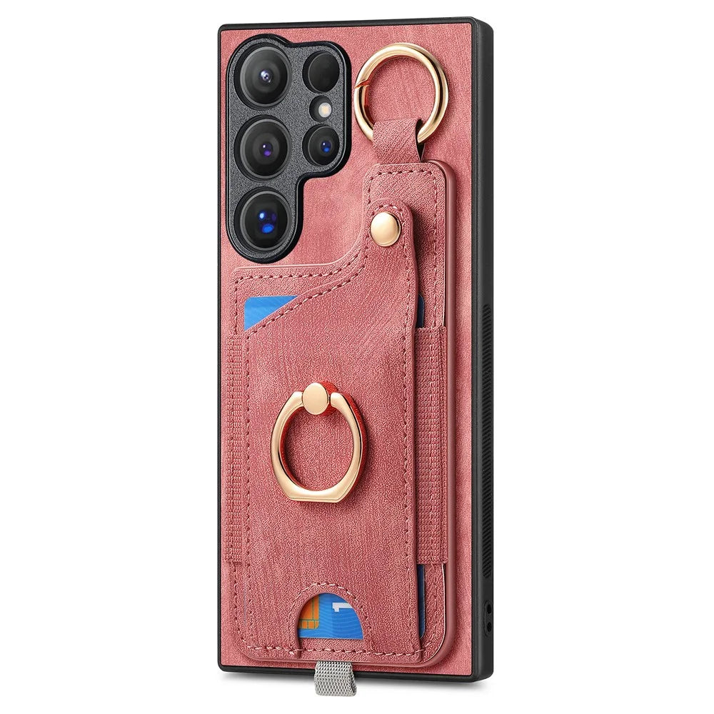 For Samsung Galaxy S26 Ultra Retro Leather Phone Back Cover with Card Slots and Ring Holder - Pink - 2