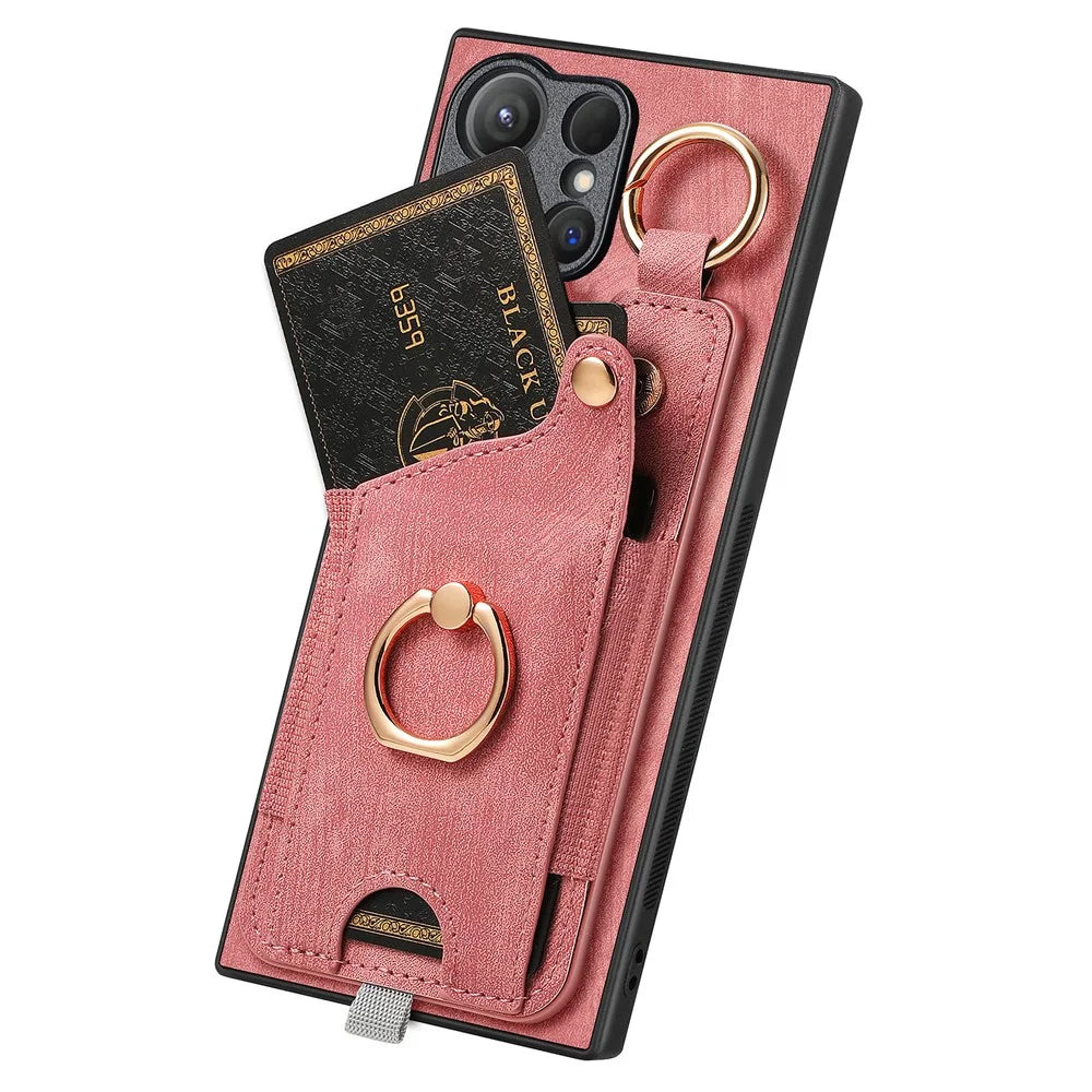 For Samsung Galaxy S26 Ultra Retro Leather Phone Back Cover with Card Slots and Ring Holder - Pink - 3