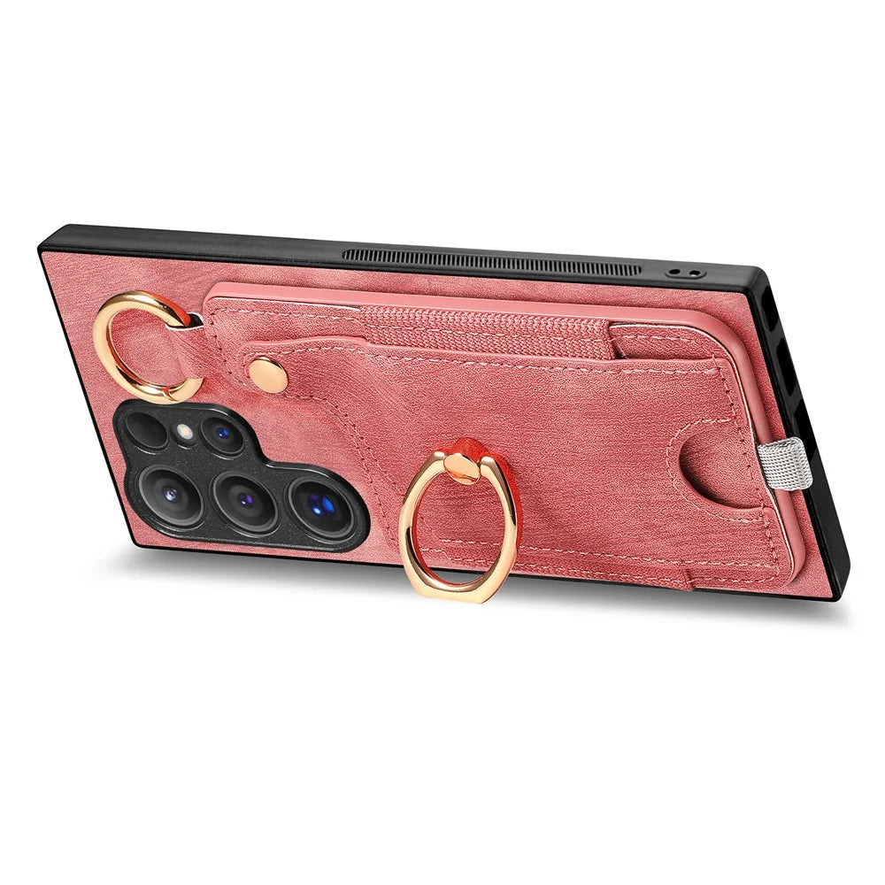 For Samsung Galaxy S26 Ultra Retro Leather Phone Back Cover with Card Slots and Ring Holder - Pink - 4