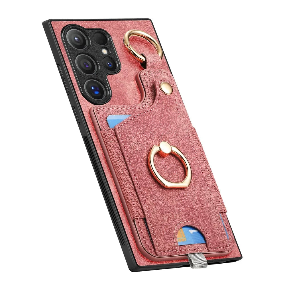 For Samsung Galaxy S26 Ultra Retro Leather Phone Back Cover with Card Slots and Ring Holder - Pink - 5